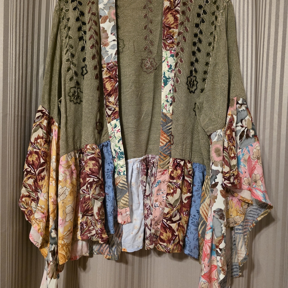 Boho Patchwork Open Front Jacket - Olive Multi
